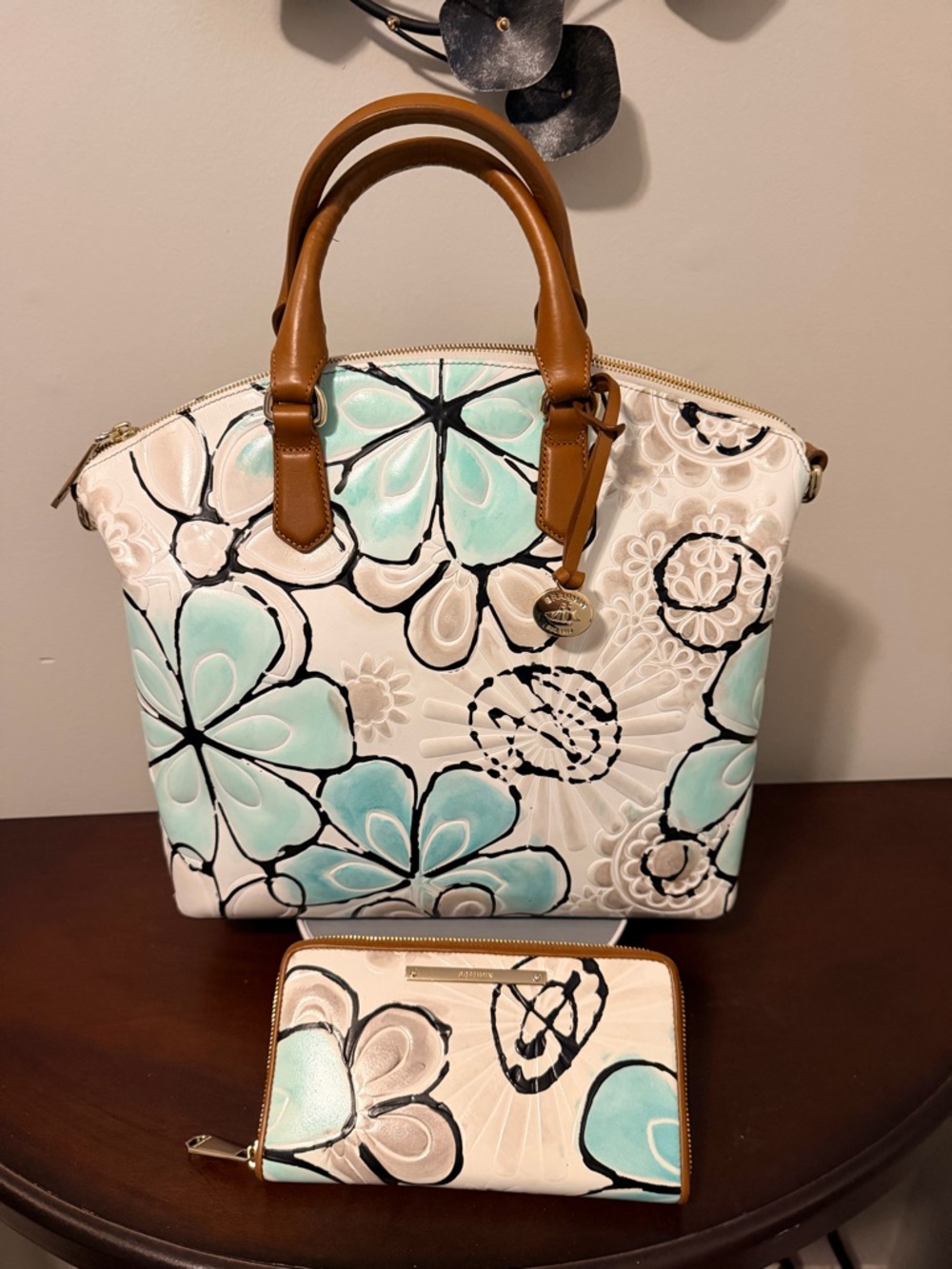 Brahmin Floral Satchel Turquoise Kelson with Matching Suri wallet - Picture 7 of 14